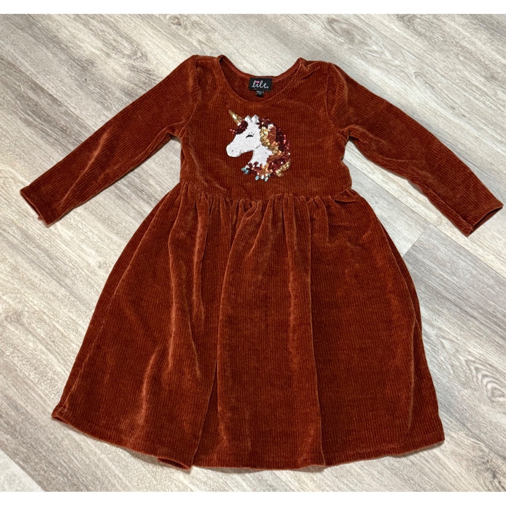 Lilt Girls Long Sleeve Corduroy Unicorn Dress‎ Size 6X Rust Orange Sequins